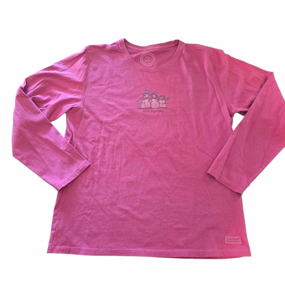 Life Is Good T-Shirt Stick Together Snowmen Winter Long Sleeve Pink Womens Large